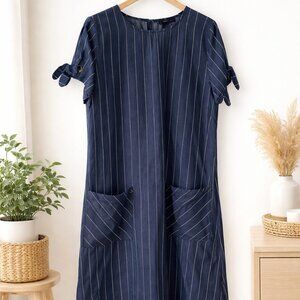 Robert Louis Blue Pinstripe Tie Sleeve Dress Medium